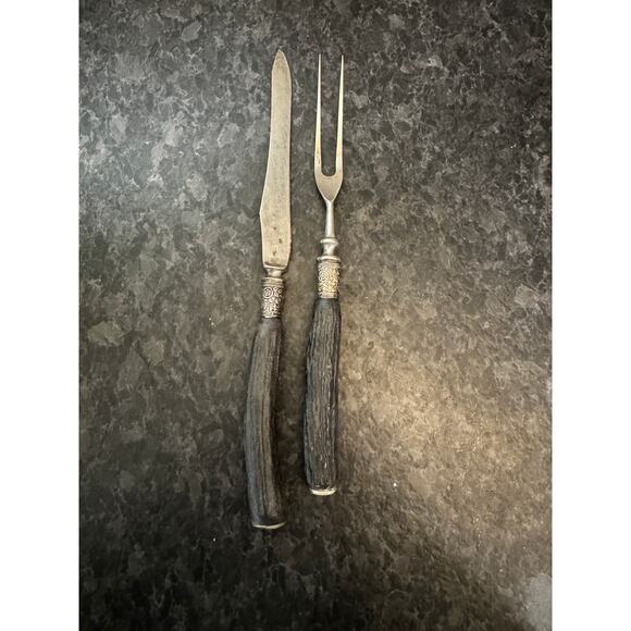 Antique Stag Handle Carving Knife & Fork Set Silver Ferrule Victorian Era - Picture 1 of 9